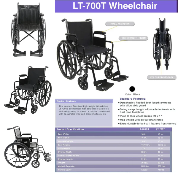 Karman KN-700T Wheelchair, Lightweight, 18" Seat, Removable Arms 39lb! - Image 8