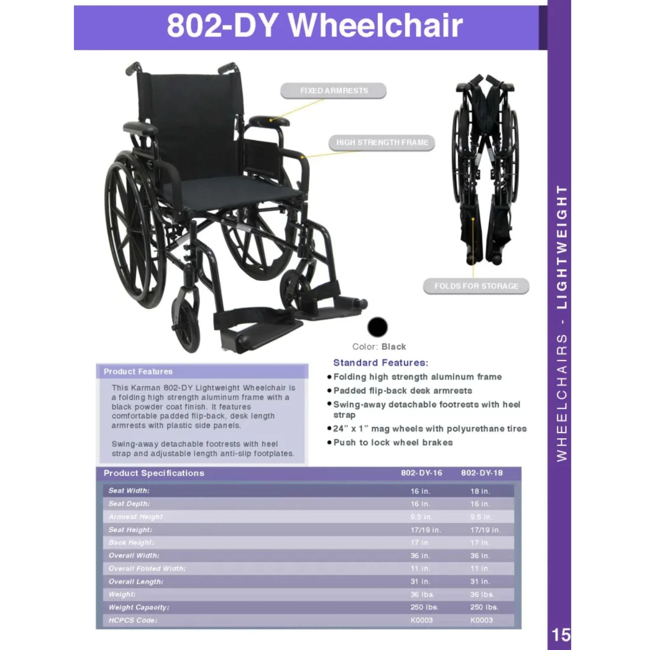 Ultra Lightweight Wheelchair with Flip Back Armrest 802-DY 30lb - Image 7